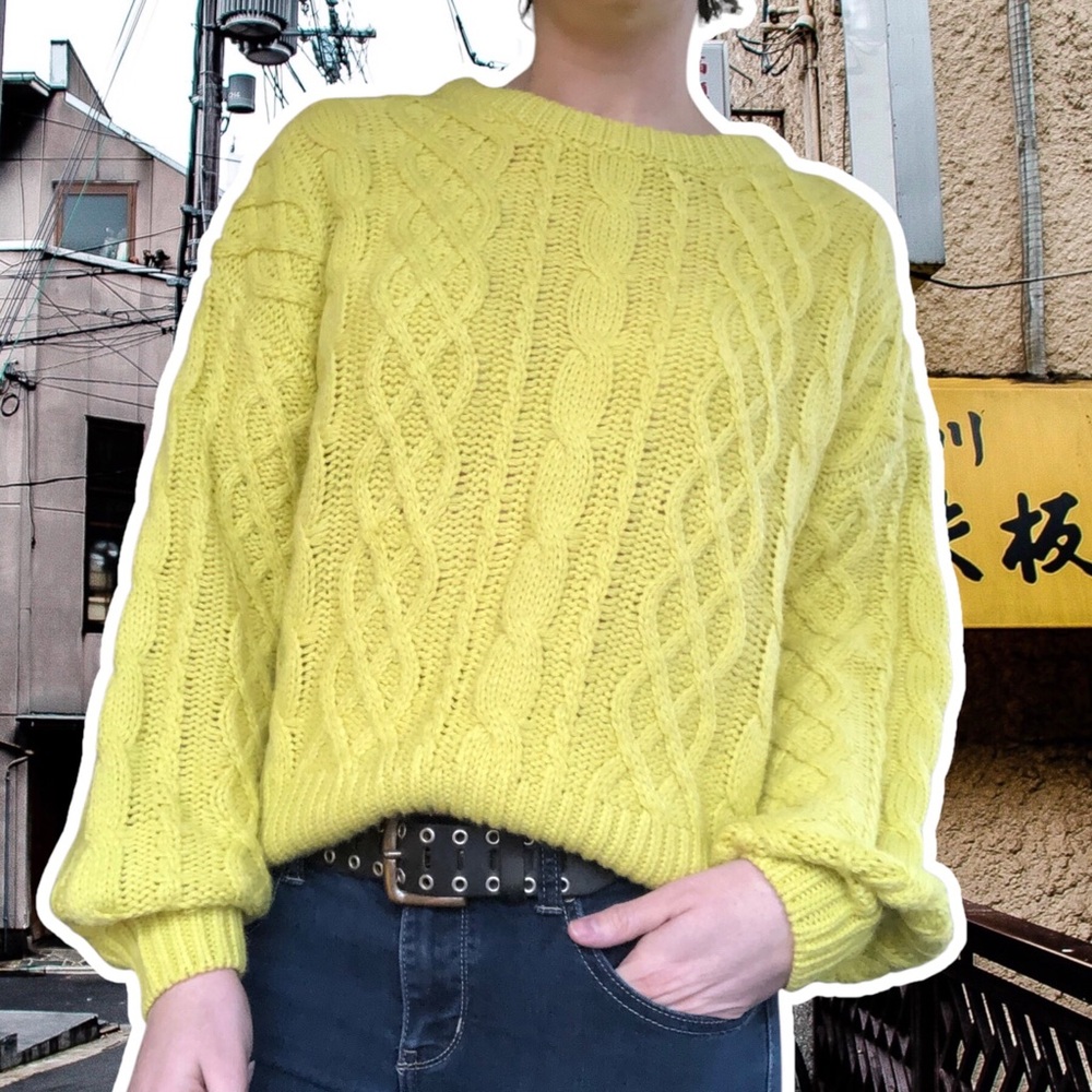 Line and Dot Cropped Boxy Cableknit Electric Yellow Crewneck Sweater, Size L